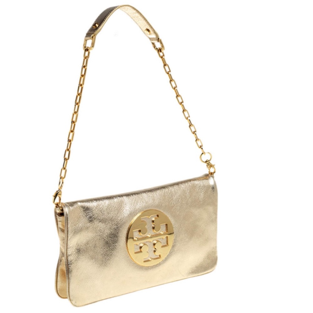 SOLD!!Tory Burch Metallic Gold Leather Reva Chain Shoulder Bag / Clutch w/ COA - Picture 6 of 16